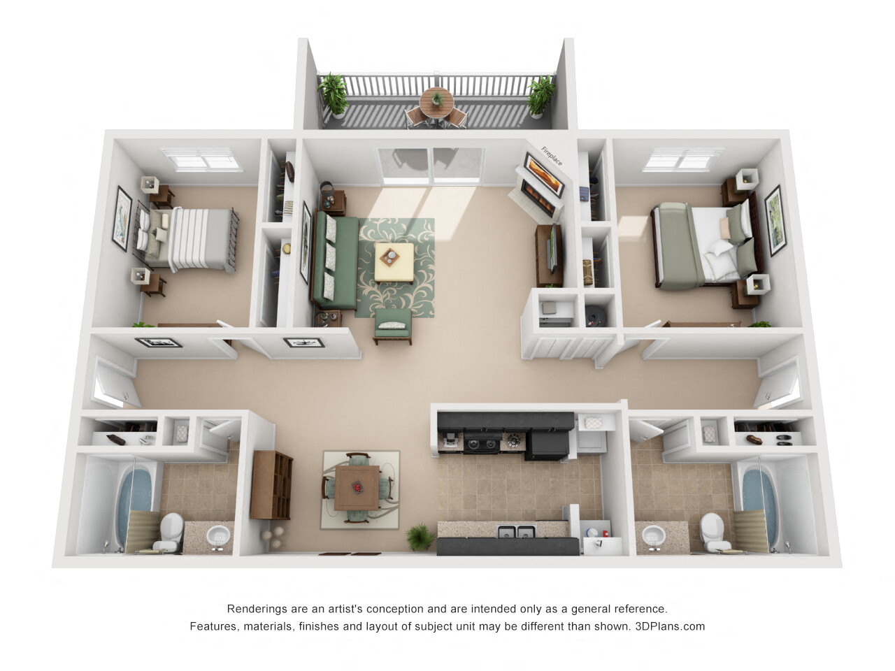 Floor plan for 2 beds, 2 baths, 1092 sqft